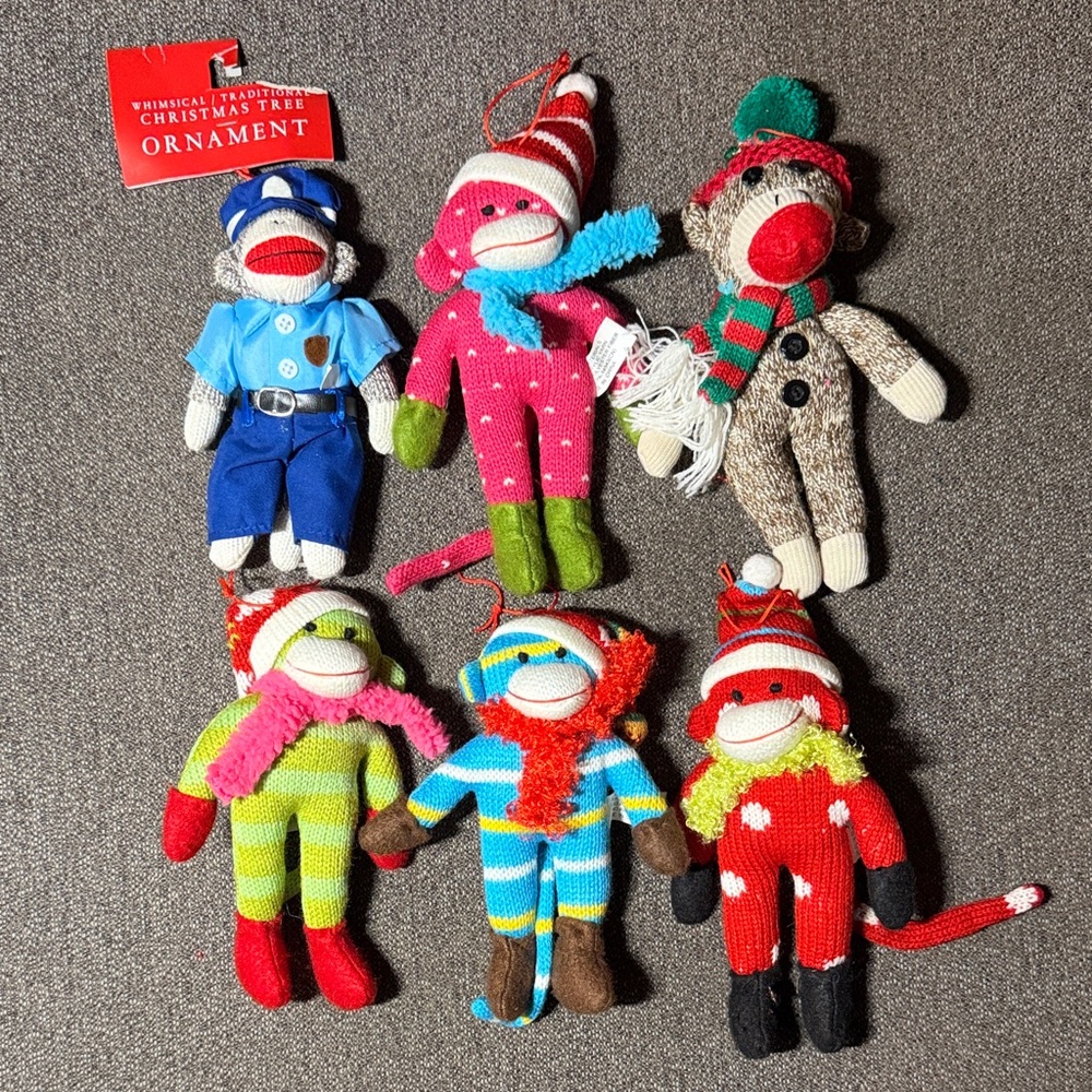 Sock Monkey 8” Plush Ornament Lot Of 6 NWT